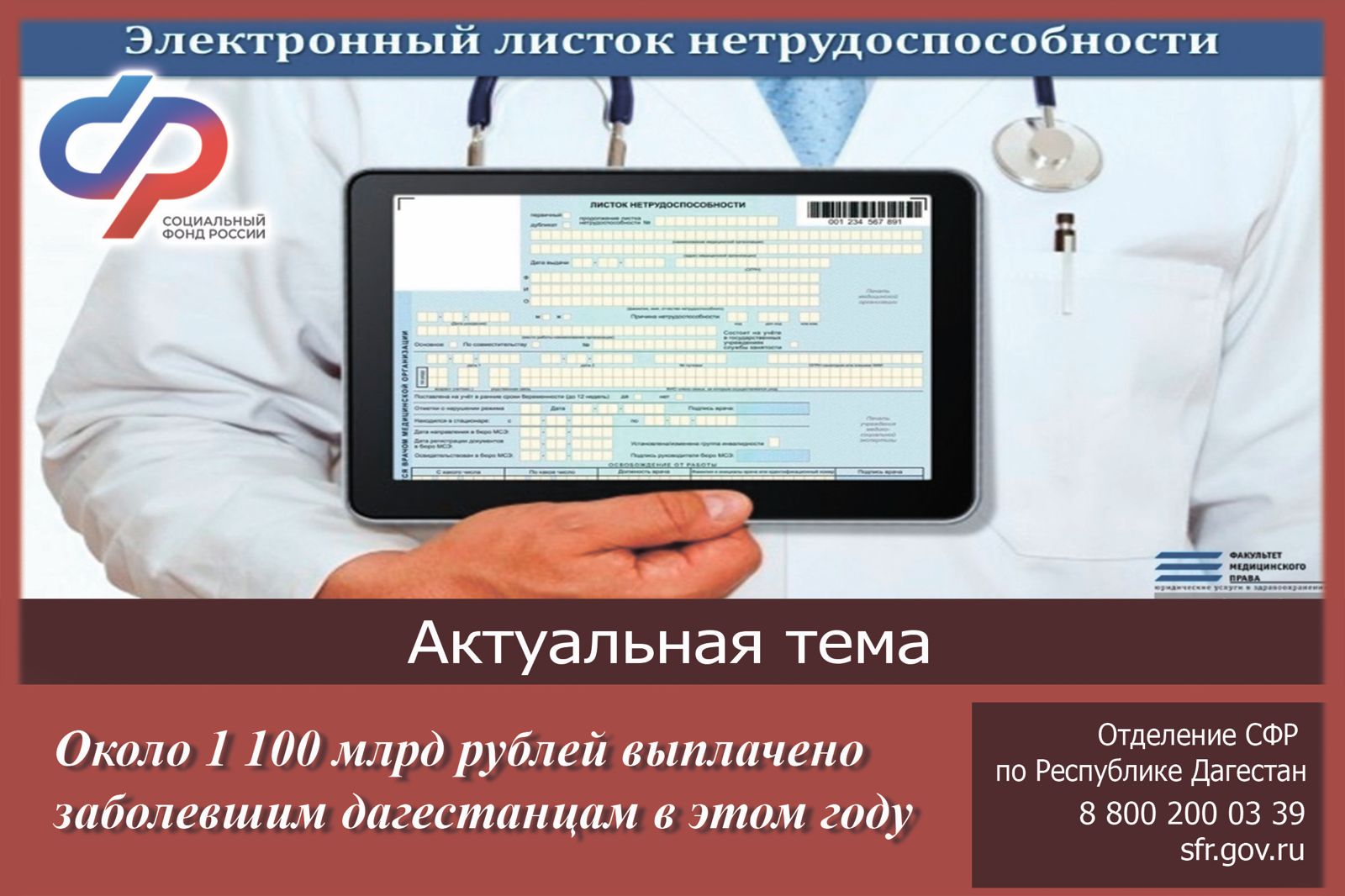 Почти 1,100 миллиарда рублей выплачено дагестанцам по болезни в этом году Соцфондом РД